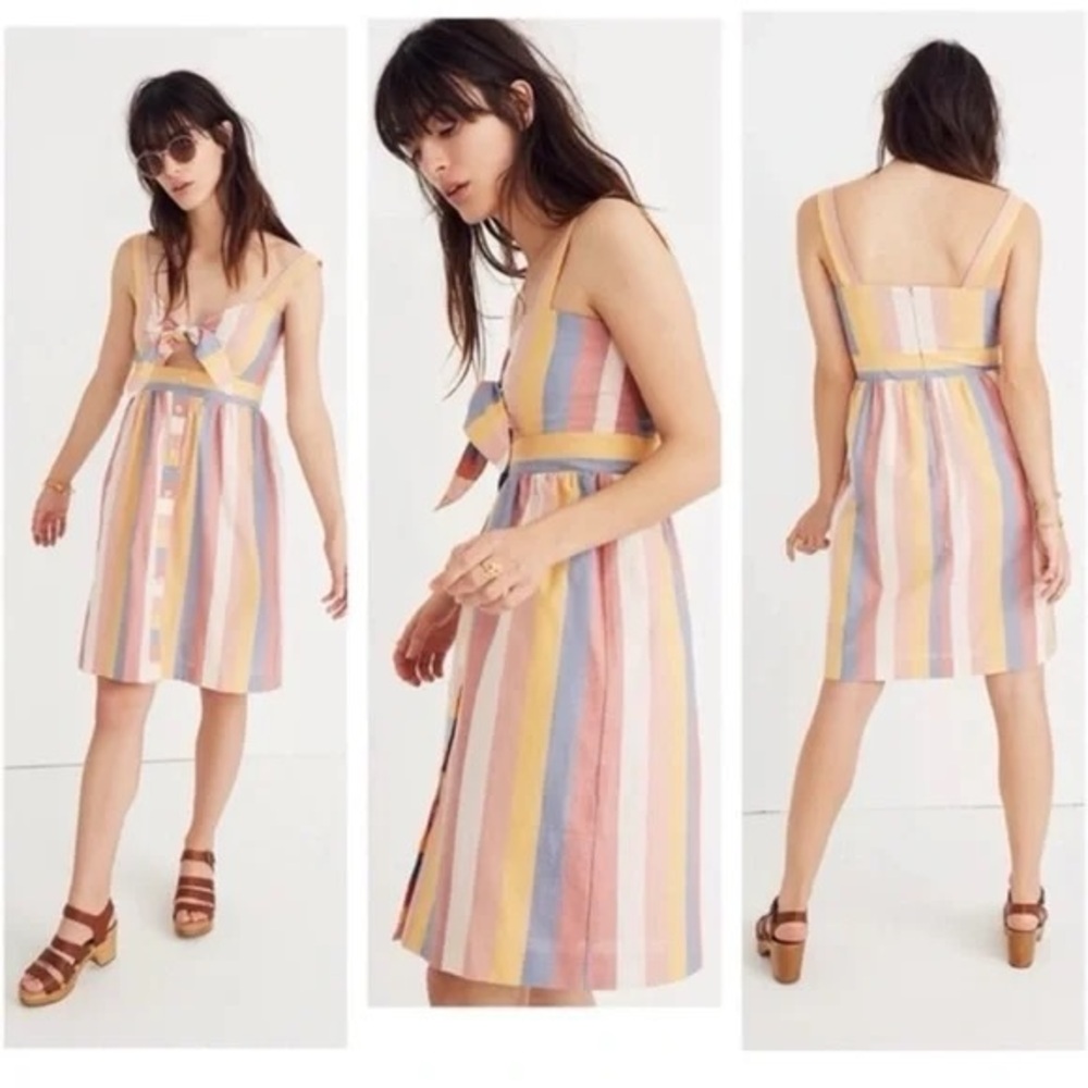 Madewell Pastel Stripe Tie-Front Mini Dress in Pink, Yellow, Blue